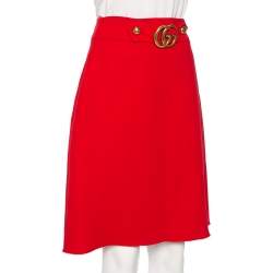 Pre Owned Gucci Red Wool & Silk Logo Belt Detail Knee Length Skirt M
