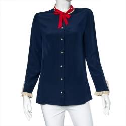 Pre Owned Gucci Navy Blue Silk Contrast Trim Neck Tie Detail Shirt M