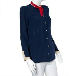 Pre Owned Gucci Navy Blue Silk Contrast Trim Neck Tie Detail Shirt M