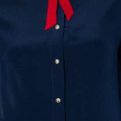 Pre Owned Gucci Navy Blue Silk Contrast Trim Neck Tie Detail Shirt M