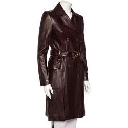 Pre Owned Gucci Burgundy Leather Double Breasted Belted Coat S