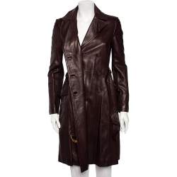 Pre Owned Gucci Burgundy Leather Double Breasted Belted Coat S