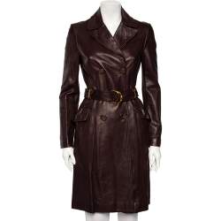 Pre Owned Gucci Burgundy Leather Double Breasted Belted Coat S