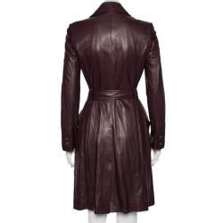 Pre Owned Gucci Burgundy Leather Double Breasted Belted Coat S
