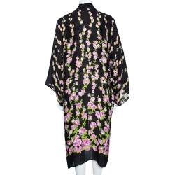 Pre Owned Gucci Black Climbing Roses Print Jacquard Silk Kimono L 