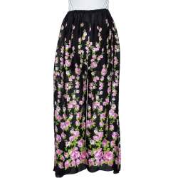 Pre Owned Gucci Black Climbing Roses Print Jacquard Silk Wide Leg Trousers L