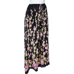 Pre Owned Gucci Black Climbing Roses Print Jacquard Silk Wide Leg Trousers L
