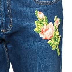 Pre Owned Gucci Blue Denim Tiger & Flower Embroidered Detail Regular Fit Jeans L