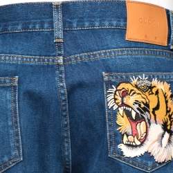 Pre Owned Gucci Blue Denim Tiger & Flower Embroidered Detail Regular Fit Jeans L