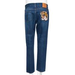 Pre Owned Gucci Blue Denim Tiger & Flower Embroidered Detail Regular Fit Jeans L