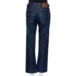 Pre Owned Gucci Blue Denim Leather Tab Detail Regular Fit Jeans M 