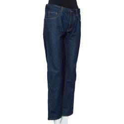 Pre Owned Gucci Blue Denim Leather Tab Detail Regular Fit Jeans M 
