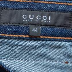 Pre Owned Gucci Blue Denim Leather Tab Detail Regular Fit Jeans M 