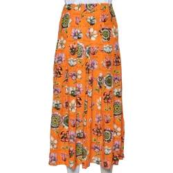 Pre Owned Gucci Orange Floral Printed Silk Pleated Midi Skirt M