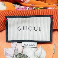 Pre Owned Gucci Orange Floral Printed Silk Pleated Midi Skirt M