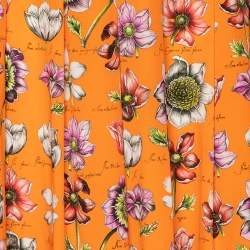 Pre Owned Gucci Orange Floral Printed Silk Pleated Midi Skirt M
