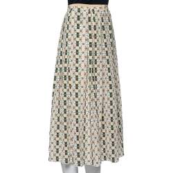 Pre Owned Gucci Beige Web Kisses & Logo Monogram Printed Silk Pleated Midi Skirt M