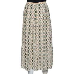 Pre Owned Gucci Beige Web Kisses & Logo Monogram Printed Silk Pleated Midi Skirt M