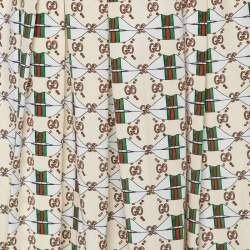 Pre Owned Gucci Beige Web Kisses & Logo Monogram Printed Silk Pleated Midi Skirt M