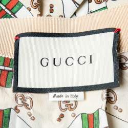 Pre Owned Gucci Beige Web Kisses & Logo Monogram Printed Silk Pleated Midi Skirt M