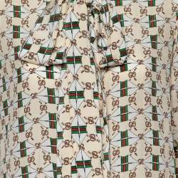 Gucci Beige Web Kisses & Logo Monogram Printed Silk Neck Tie Detail Shirt M