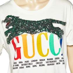 Gucci Cream Logo Cities Printed Sequined Panther Detail Oversized T-Shirt XS