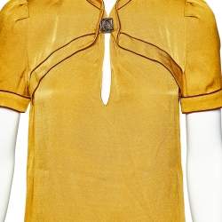 Pre Owned Gucci Mustard Yellow Silk Contrast Trim Top M