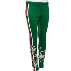 Pre Owned Gucci Green Jersey Floral Embroidered Web Stripe Trim Detail Pants M