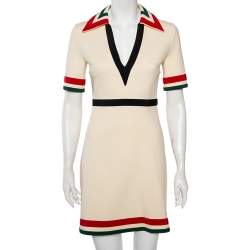 Gucci Cream Stretch Knit Web Stripe Trimmed V Neck Dress S