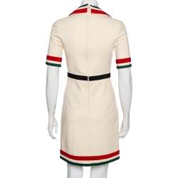 Gucci Cream Stretch Knit Web Stripe Trimmed V Neck Dress S