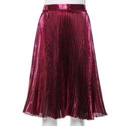 Pre Owned Gucci Magenta Lame Silk Plisse Midi Skirt S