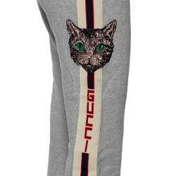 Pre Owned Gucci Grey Cotton Knit Stripe Trimmed Mystic Cat Appliqué Joggers XS