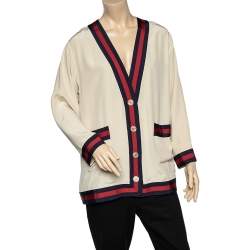 Pre Owned Gucci Cream Silk Web Stripe Button Front Cardigan L