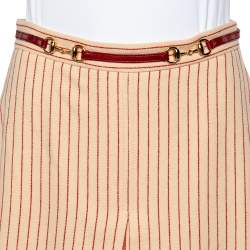 Pre Owned Gucci Cream Striped Wool Horsebit Detail Midi Skirt S