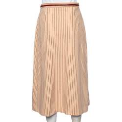 Pre Owned Gucci Cream Striped Wool Horsebit Detail Midi Skirt S