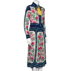 Pre Owned Gucci Blue Rose Print Silk Bow Detail Midi Dress S