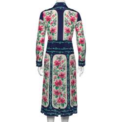 Pre Owned Gucci Blue Rose Print Silk Bow Detail Midi Dress S