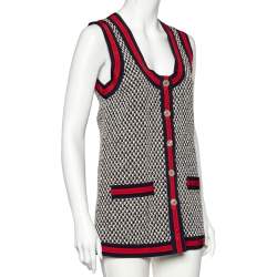 Pre Owned Gucci Monochrome Tweed Contrast Stripe Trim Sleeveless Vest S