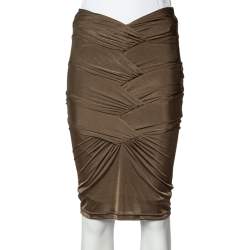 Pre Owned Gucci Brown Jersey Ruched Detail Fitted Skirt S