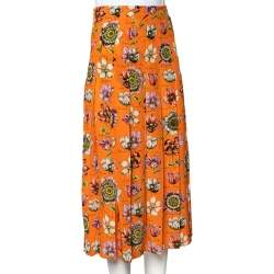 Pre Owned Gucci Orange Floral Printed Silk Pleated Midi Skirt S