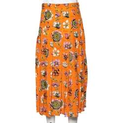 Pre Owned Gucci Orange Floral Printed Silk Pleated Midi Skirt S