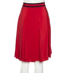 Pre Owned Gucci Red Silk Web Stripe Detailed Pleated Short Skirt S