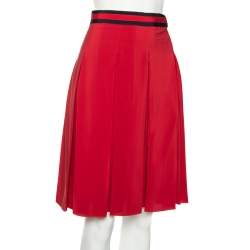 Pre Owned Gucci Red Silk Web Stripe Detailed Pleated Short Skirt S