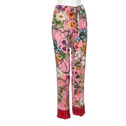 Pre Owned Gucci Pink Floral Snake Printed Silk Drawstring Waist Detailed Pants S