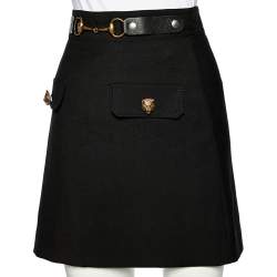 Pre Owned Gucci Black Wool Horsebit Detail Mini Skirt S