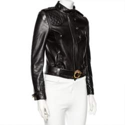 Pre Owned Gucci Black Leather Belted Jacket S