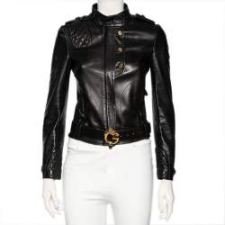 Pre Owned Gucci Black Leather Belted Jacket S