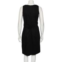 Pre Owned Gucci Black Striped Wool & Linen V-Neck Belted Dress M