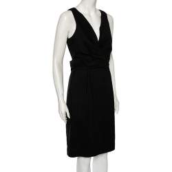 Pre Owned Gucci Black Striped Wool & Linen V-Neck Belted Dress M