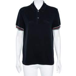 Pre Owned Gucci Black Cotton Pique Web Stripe Trimmed Polo T-Shirt XL